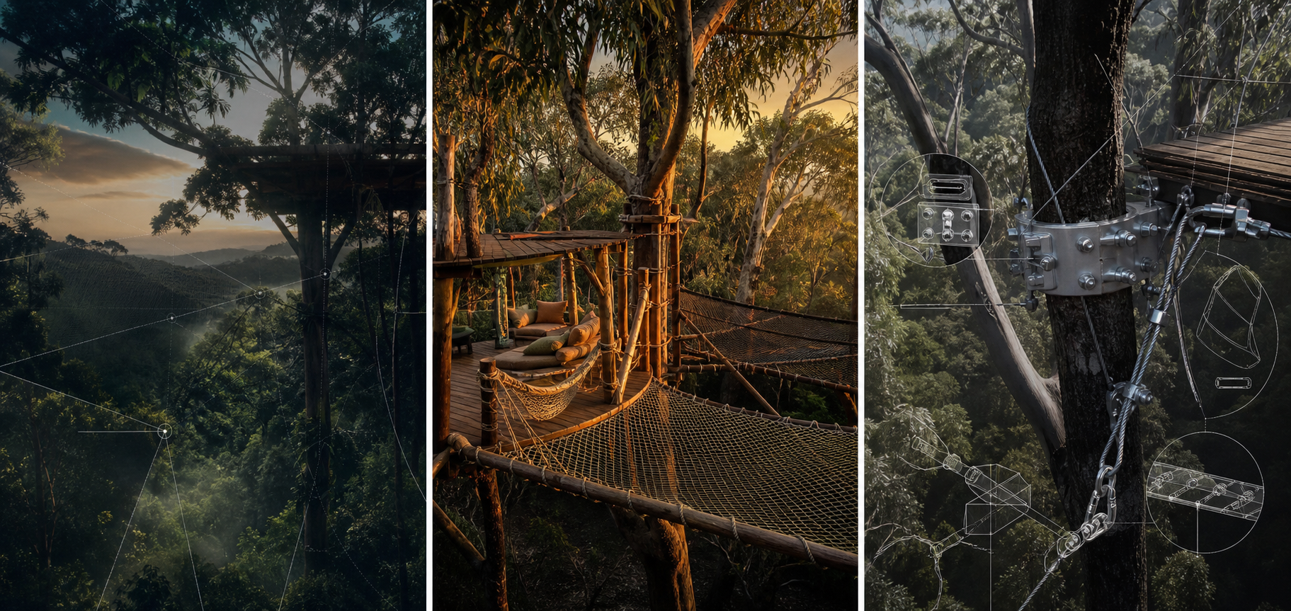 Concept image of warm timber treehouse and netted canopy lounge